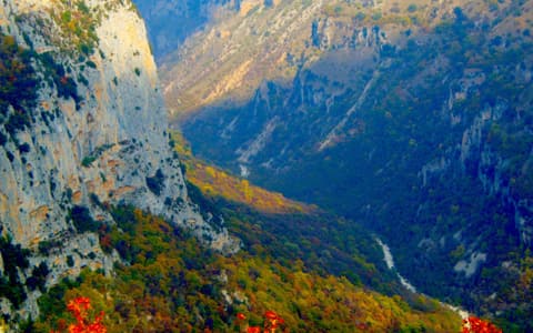 The Vikos Gorge: limestone cliffs, autumn forest and the river below